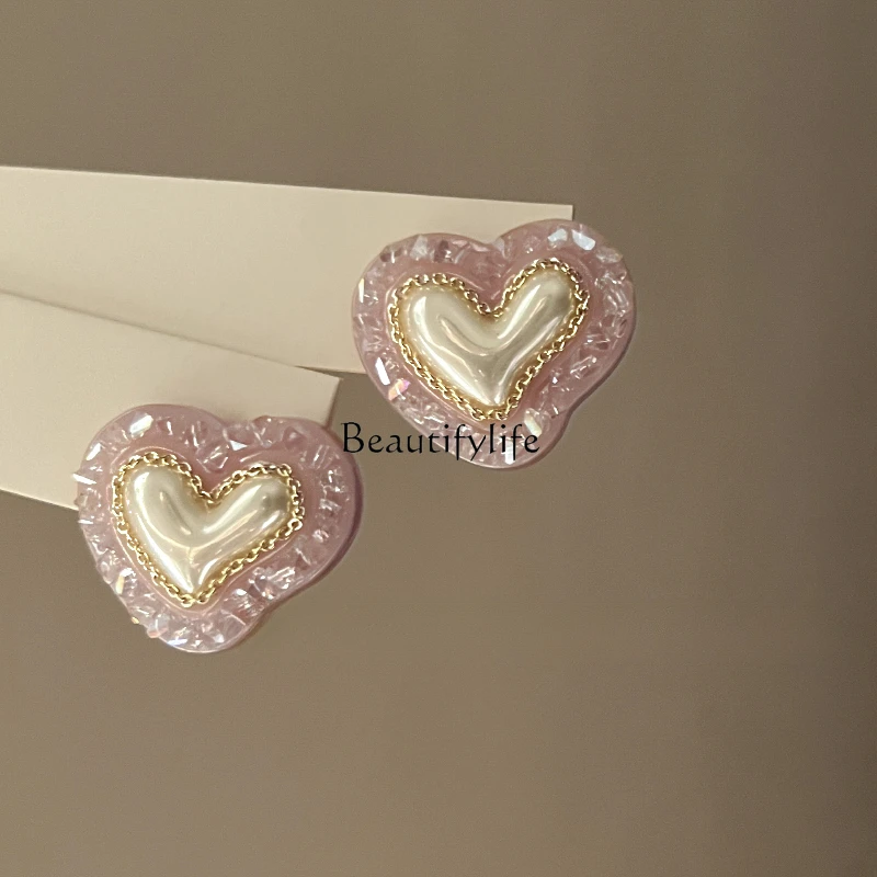 Retro Crystal Heart Pearl Earrings Light Luxury Design Super Fairy Stud Earrings