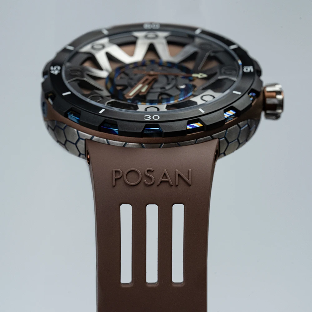 POSAN Hand Winding Timascus Mechanical Sapphire Man นาฬิกาคู่มือ Hollow กันน้ําไทเทเนียม Sipmle นาฬิกาสําหรับชาย PSW-001C