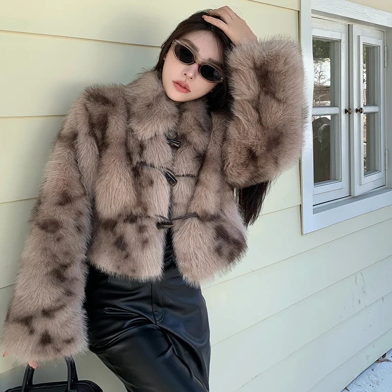 

Retro Winter Short Fur Coat Buttoned Young Style Leopard Print Simulation Leather Jacket Korean Style Standard Fit