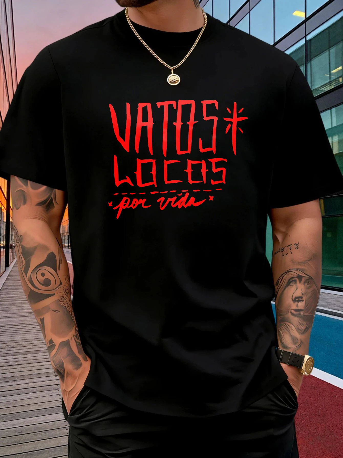 Men Crew Neck Cotton T Shirt Vatos Locos Por Vida Text Print Short Sleeve Tops Loose Street Casual Summer Tees For Young Male