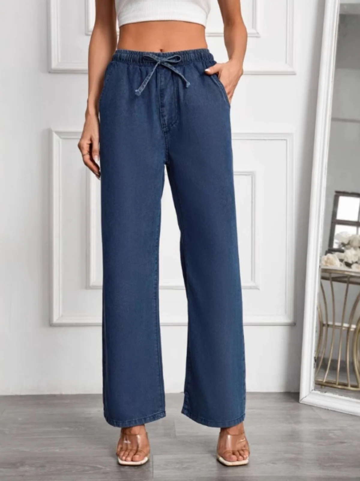 

Свободные повседневные джинсы с высокой талией, эластичная талия, женские джинсовые брюки, прямые синие длинные брюки, всесезонная мода