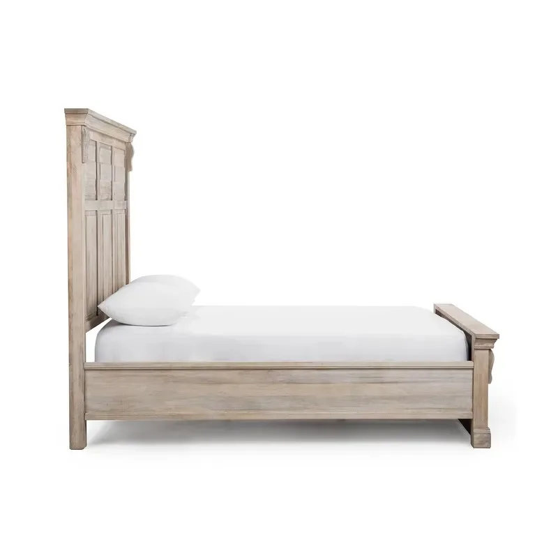Rugged Durable Cream Faux Old Long Slats Headboard Sideboard Double King Bed Solid Wood Platform Bed Frame with Slat Support