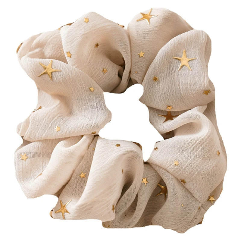 1Pcs Star Print Chiffon Large Intestine Hair Rope For Headdress Girls/Elastic Hair Ties/Rope Ponytail Holder Blue Khaki