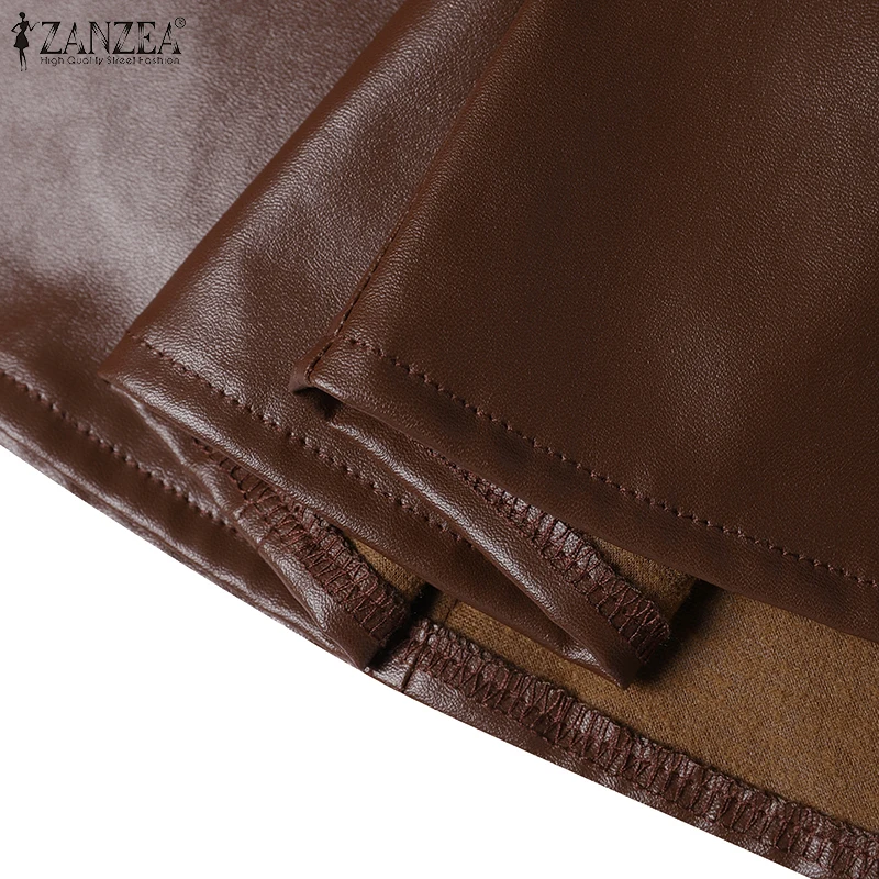 ZANZEA Donna PU Pelle Midi Jupes Autunno inverno Elegante Casual Gonna a vita alta allentata Gonna da ufficio solida Falda a vita alta