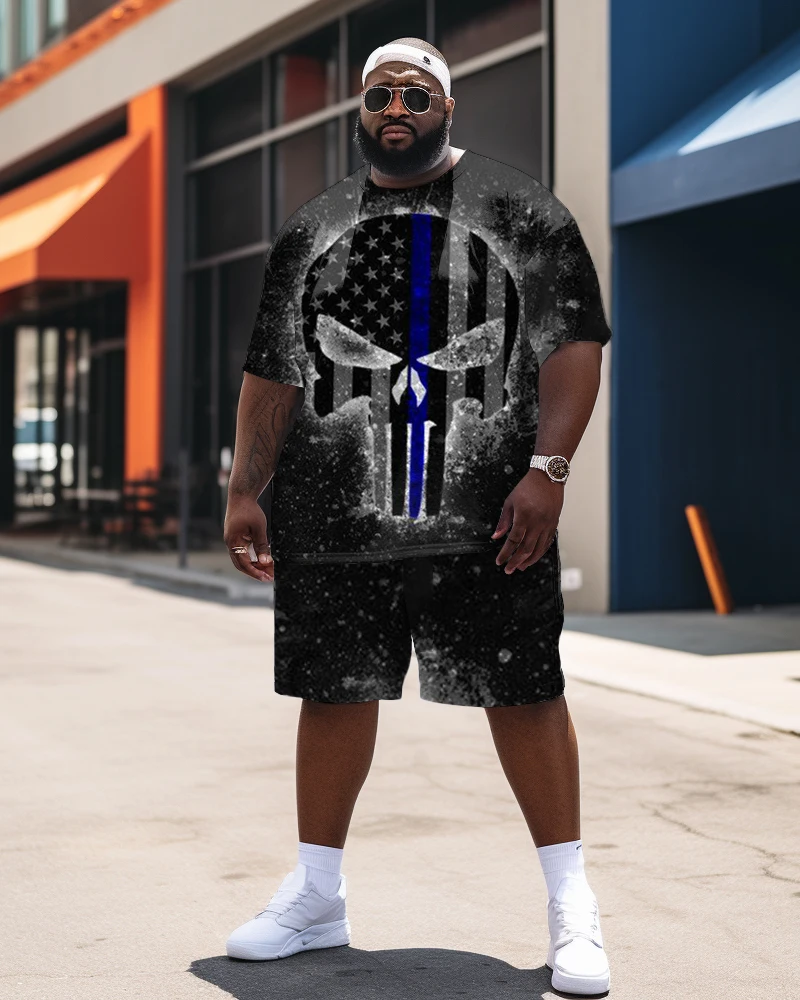 Biggmans Two Piece Sets T-Shirt for Men\'s Casual Clothing Independence Day Flag Print Shorts Big Plus Size Suit L-9XL