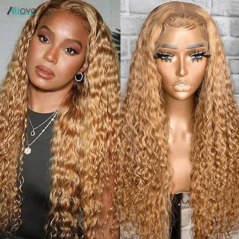 Allove Honey Blonde Deep Wave Wig 13x4 13x6 Transparent Lace Frontal Wigs For Women 27# Brown Colored Remy Human Curly Hair Wigs