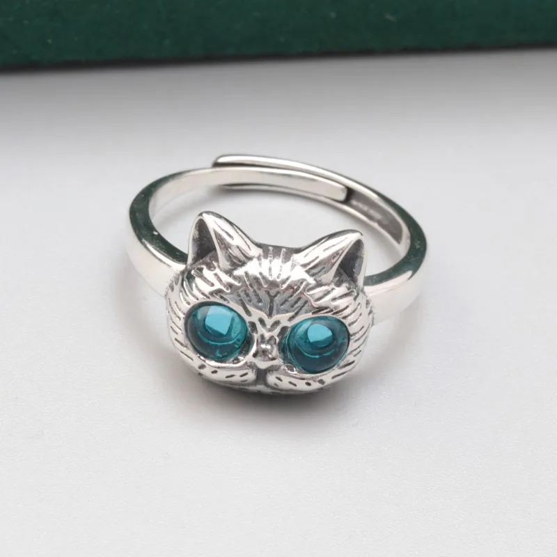 NEW 925 Pure Silver Cat Cute Three-dimensional Blue Eyed Cat Ring For Women Retro Fashion Simple Animal Design Jewelry