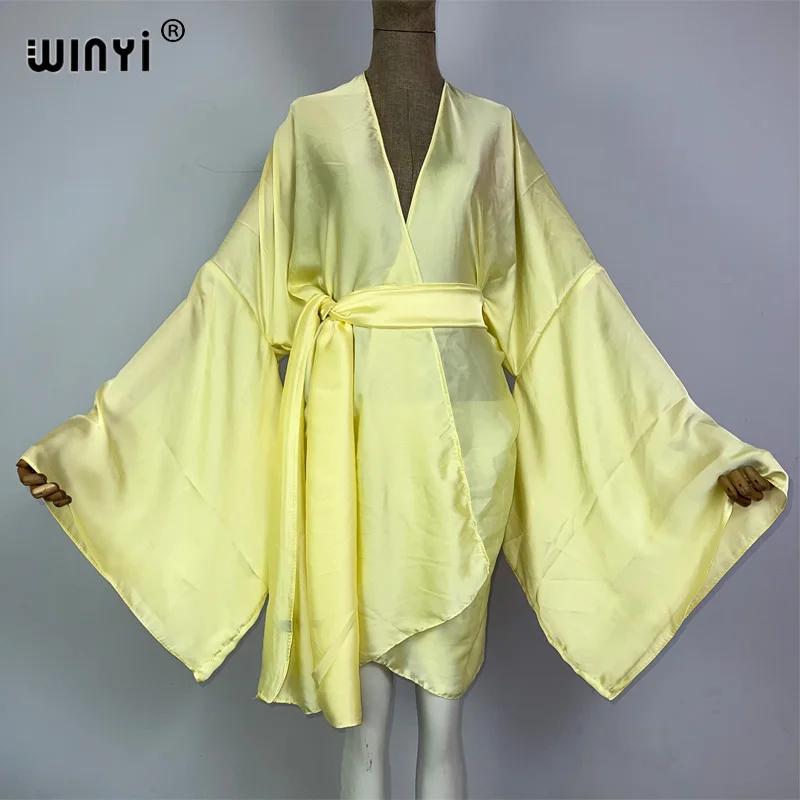 WINYI kimono boho monocolour kaftans odzież plażowa elegancka stroje plażowe wakacyjna dla kobiet okrycie na kostium kąpielowy sukienka купальник