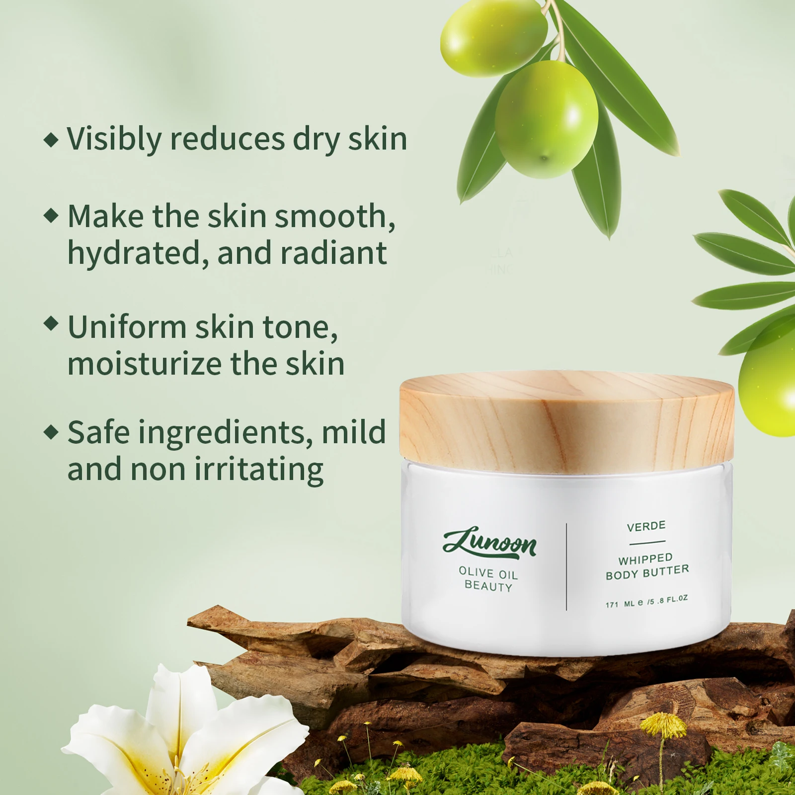 زبدة الجسم بزيت الزيتون المخفوق 171 مل مرطب طبيعي للبشرة الجافة وزبدة الشيا والكاكاو خفيفة غير دهنية لجميع أنواع البشرة