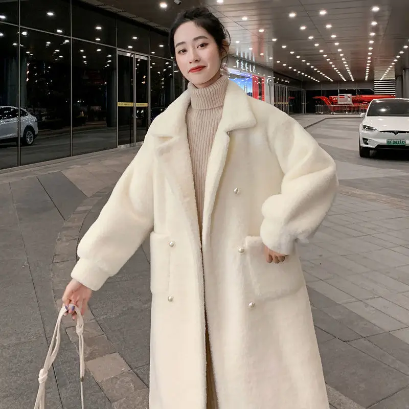 

Winter White Coat Women Fashion Luxury Faux Fur Tweed Coat Thicken Warm Plush Lapel Double-breasted Loose Oversized Long Jacket