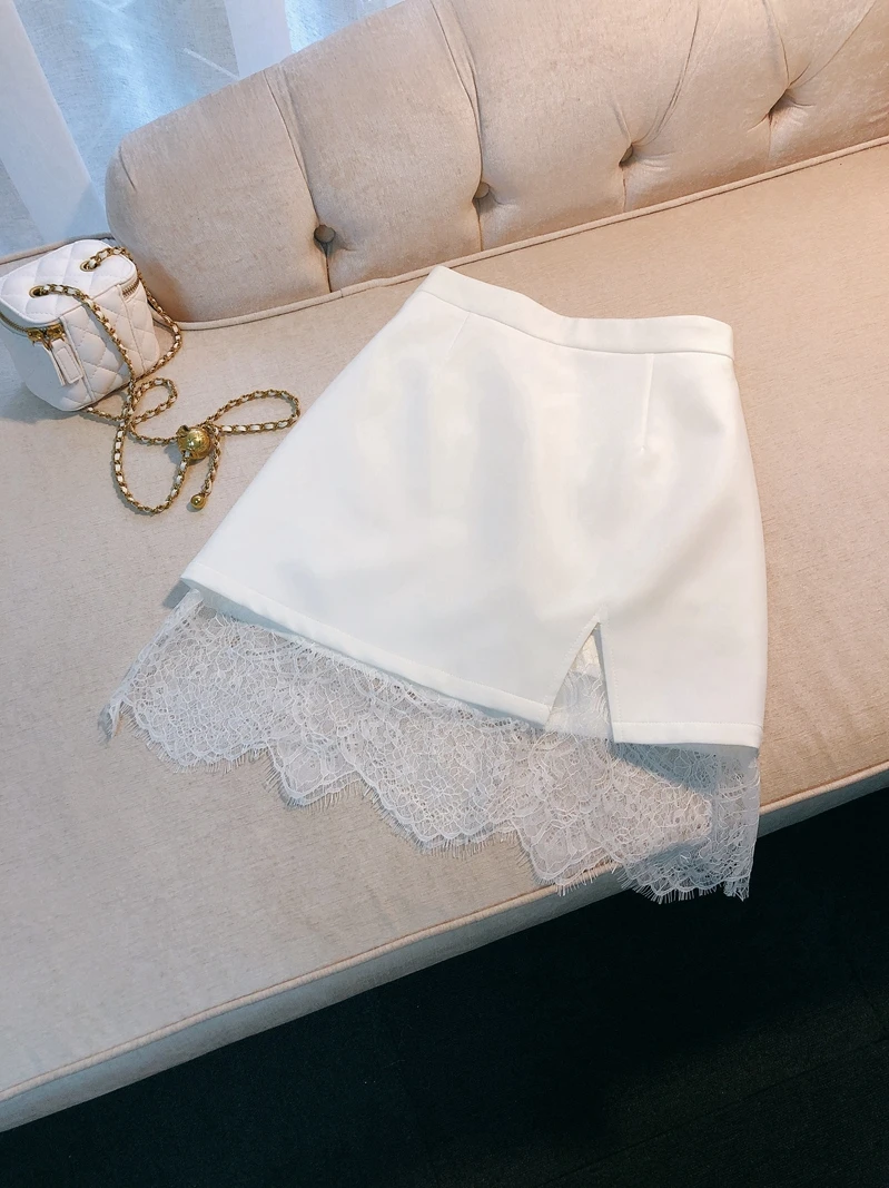 

High Waist Lace Splice White f Skirt A-Line Skirt Universal Design Korean Sle Commute Pure Color Summer Faion