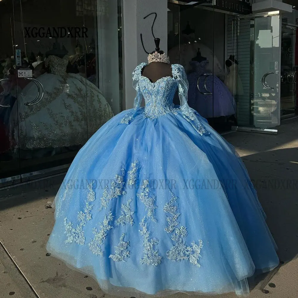 Robes de Quinceanera bleues élégantes 2025 manches longues douce 15 16 robe de fête d'anniversaire chérie dos nu robe mexicaine arc formel