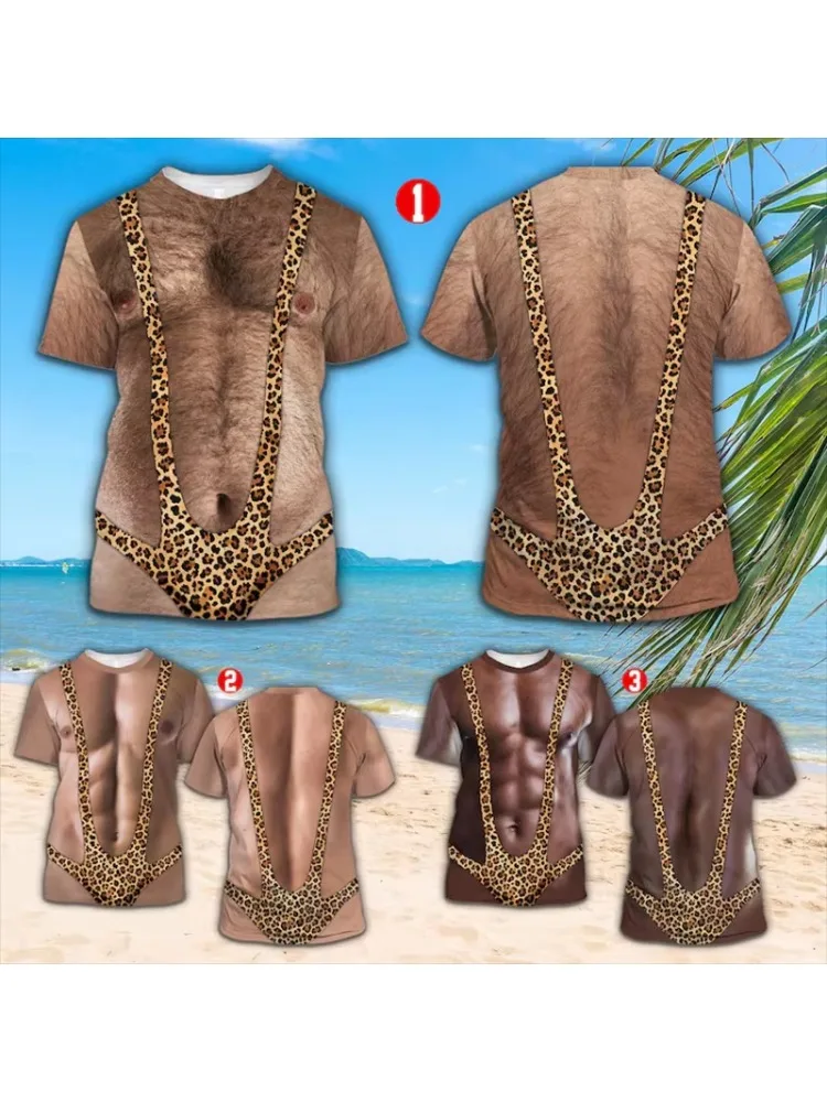 Unisex Lustiges 3D-Optik-Illusions-T-Shirt, Falscher Leoparden-Mankini-Druck, Neuartiges Humor-Oberteil mit kurzen Ärmeln für Strand-Scherze für Männer und Frauen – Detail 1