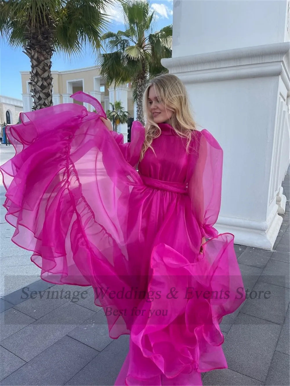 Sevintage A Line Fuchsia Organza Midi Prom Dresses Long Puff Sleeves High Neck Pleats Women Evening Gowns Party Dress with Sash