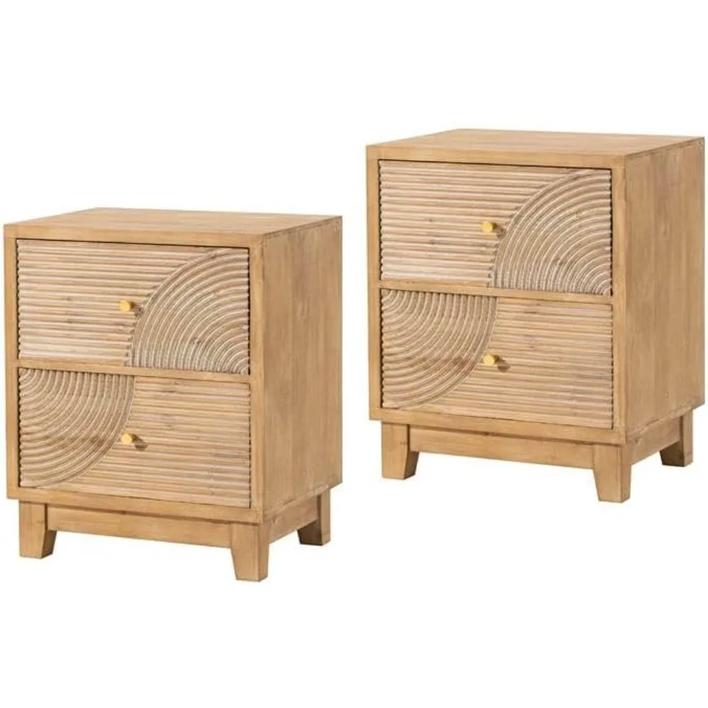 

2-Drawer Farmhouse Nightstand, Mid Century Nightstand Set of 2 Fully Assembled with Handcrafted Wood Ring Pattern for Boho