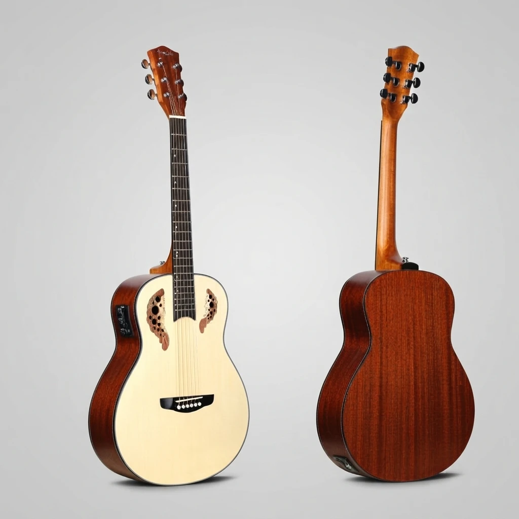 High Quality 6 String Acoustic Electric Guitar Cutaway Multiple Leaf Soundholes Built-in Pickup Chrome Tuners White Binding