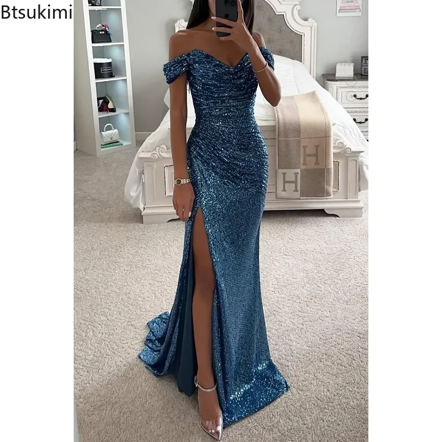 2024 Women\'s Luxury High Split Club Party Evening Dress Sexy Banquet Slim Waisted Female Dress Elegant V-Neck Slim Long Dress