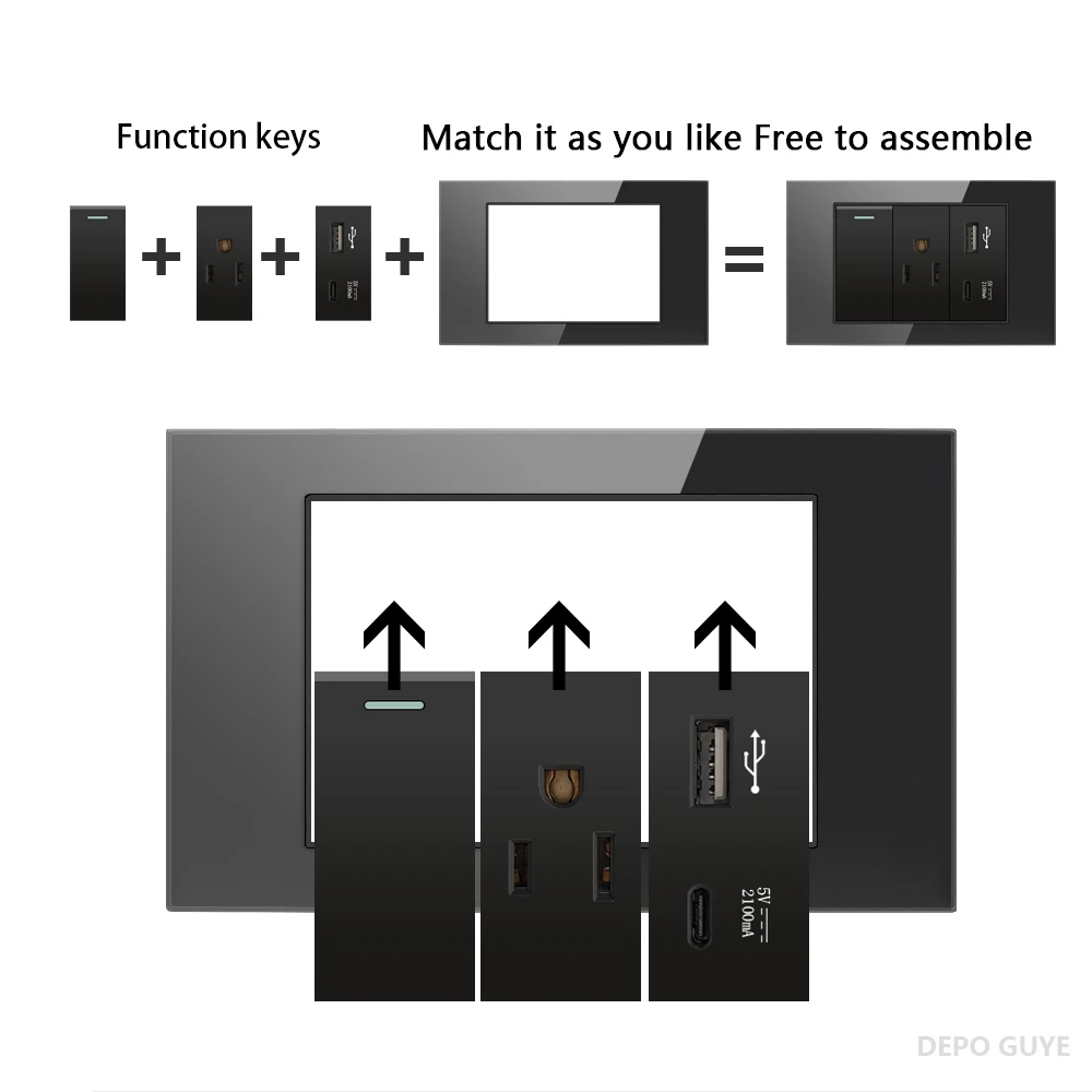 US Standard Black Tempered Glass Type-c Quick Charger Wall Socket Electrical Light Switch,American Thai Dual USB Power Outlet image 4