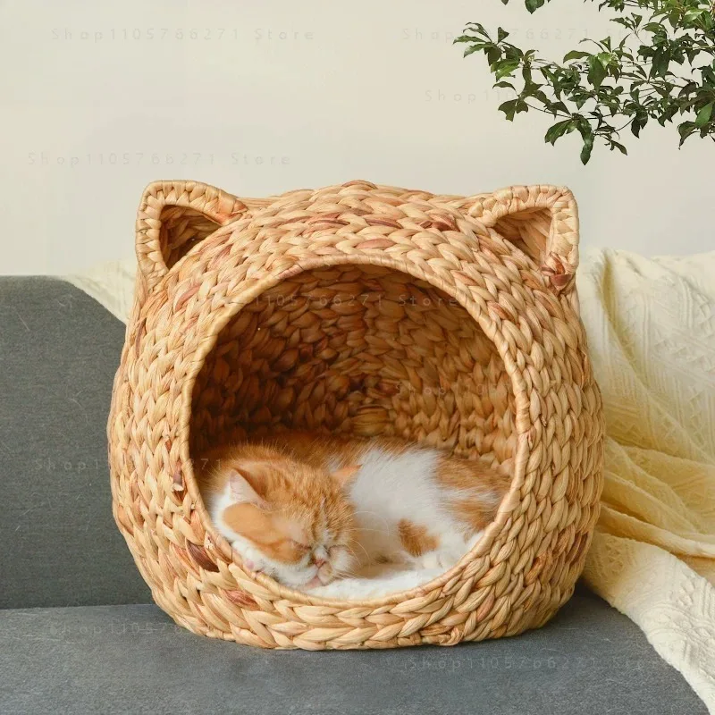 Natural Cattail Woven Cat Bed Semi-enclosed Rattan Pet House Summer Cooling All Season Nest