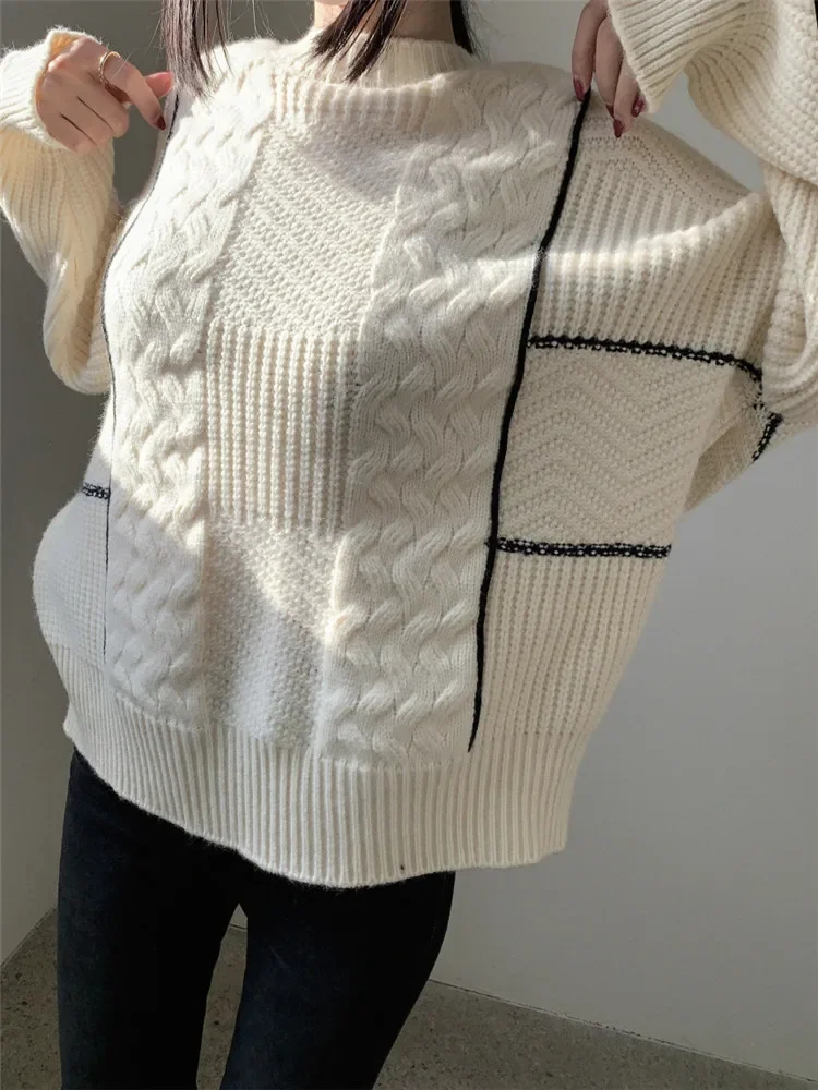

Women Fashion Vintage Twist Warm Knit Sweater New Fall Winter Loose Casual Pullover O Neck Black Beige Bottoming Tops Jumper