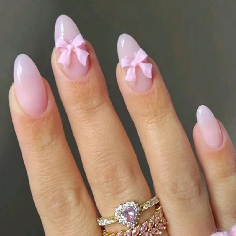 24pcs Pink Bow Simple Sweet Medium Almond Oval Press on Nails Tips False Nail Set with Glue Summer Cheap Stick-on Nails Art Girl