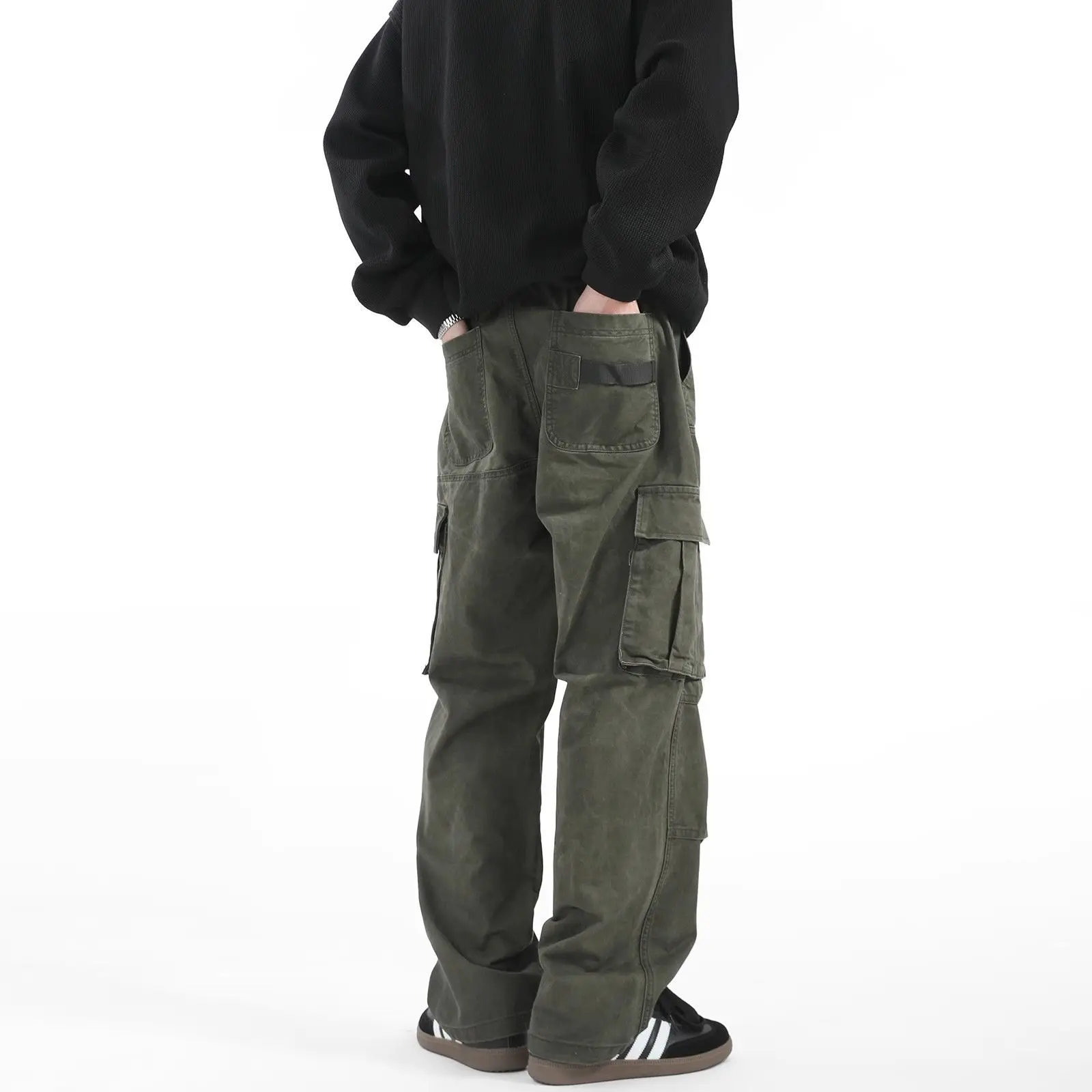 American Retro Multi-pocket Work Pants Men Loose Pleated Trousers