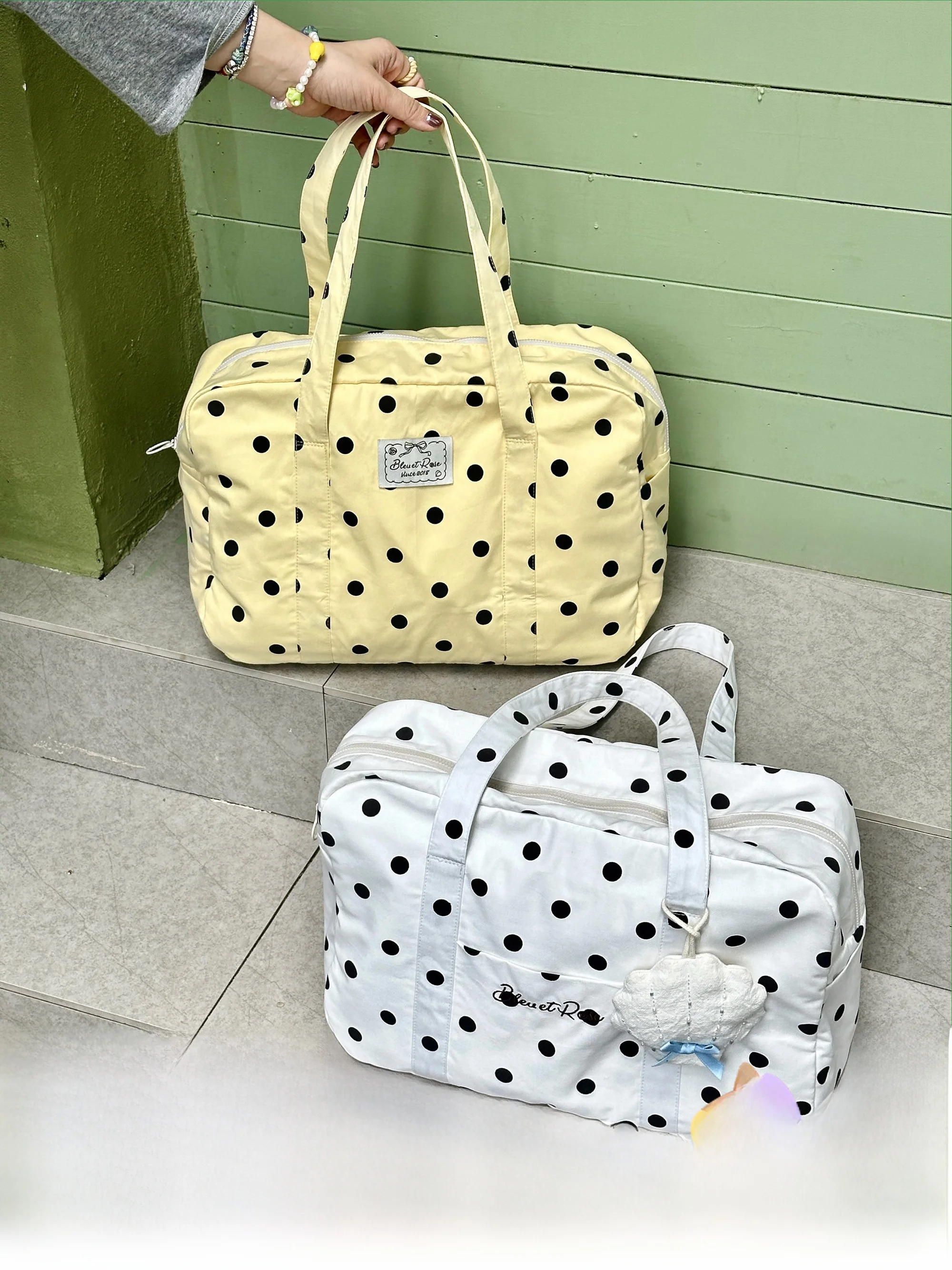 bleu-et-rose-polka-dot-single-oulder-travel-bag-casual-korean-sle-boston-bag-soft-cotton-handbag-ex