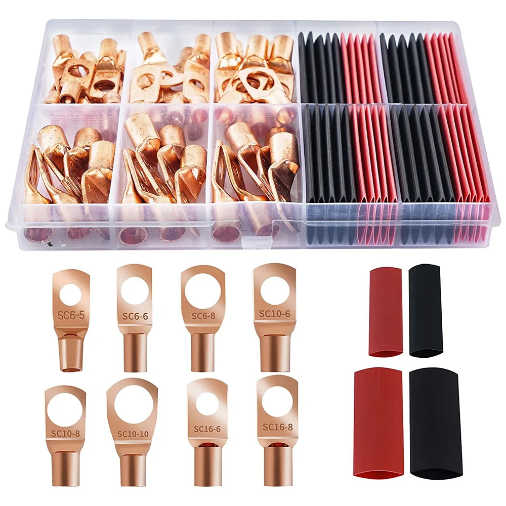 80pcs copper battery terminal connector 40 battery cable end ring terminal cable lugs with 40 heat shrinkable tube assembly kit