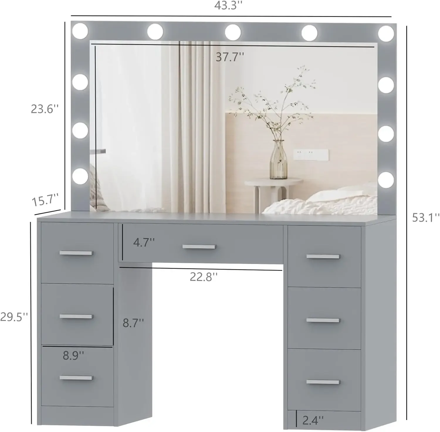 Vanity Table, Makeup Table with Lighted Mirror, 3 Color Lighting Modes, Brightness Adjustable, Dressing Table with Drawers image 5
