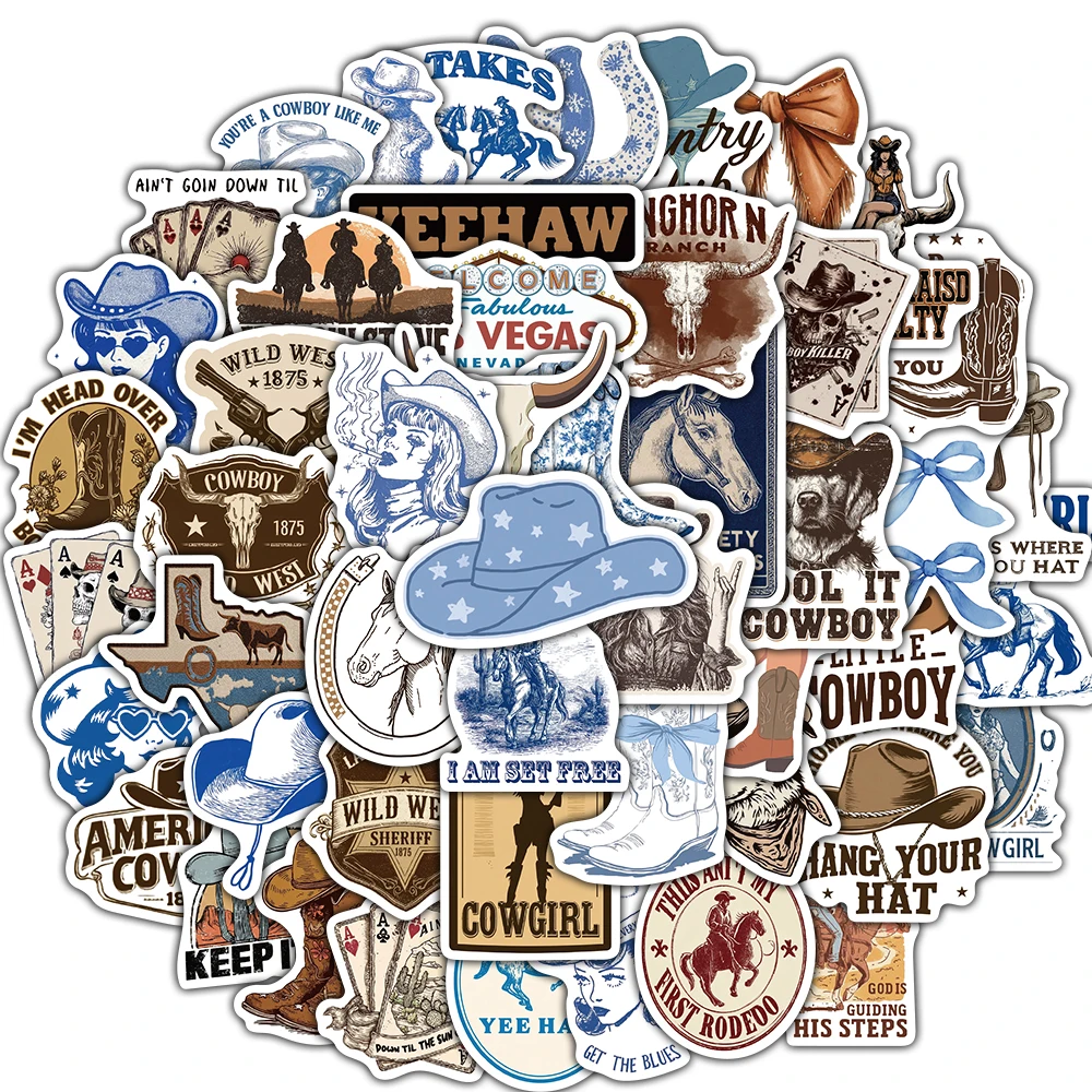 

50PCS Blue Brown Denim Cartoon Stickers Notebook Harajuku Supplies Coffee Retro Art Picture Cartoon Creativity Phone Sticker