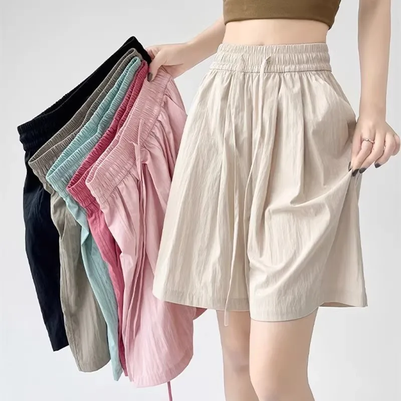 Solid Color Casual Summer Shorts for Women Thin Breathable Elastic Waist Shorts Woman Vacation Loose Wide Leg Shorts Beach Pants