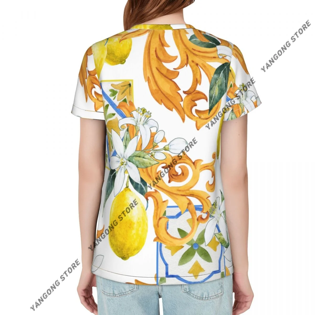 المرأة تي شيرت السيدات عادية الذهبي حرف واحد فقط وزهور الليمون الإناث تي شيرت قصيرة الأكمام تي شيرت الصيف رقيقة القمم