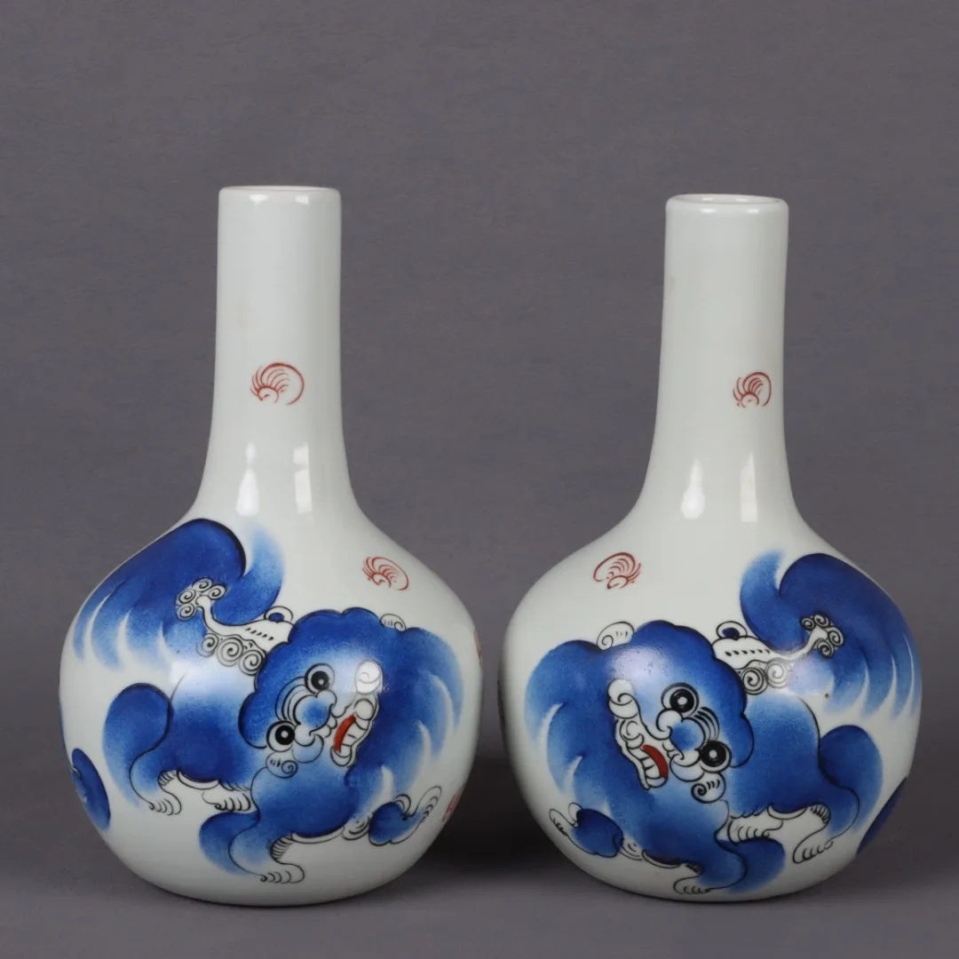 Jingdezhen Pink Blue Lion Taibao Pattern Tianqiu Bottle Antique Porcelain Decoration