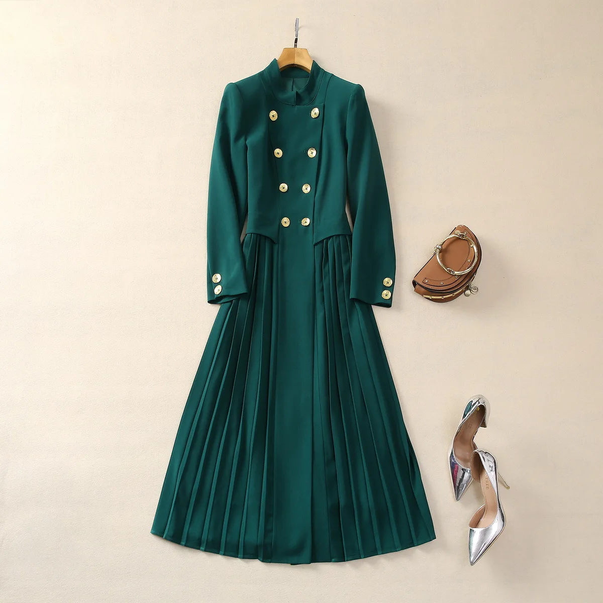 

Europe and the United States women's 2024 winter new Stand collar Long-sleeved green double-breasted Fashion pleated dress XXL