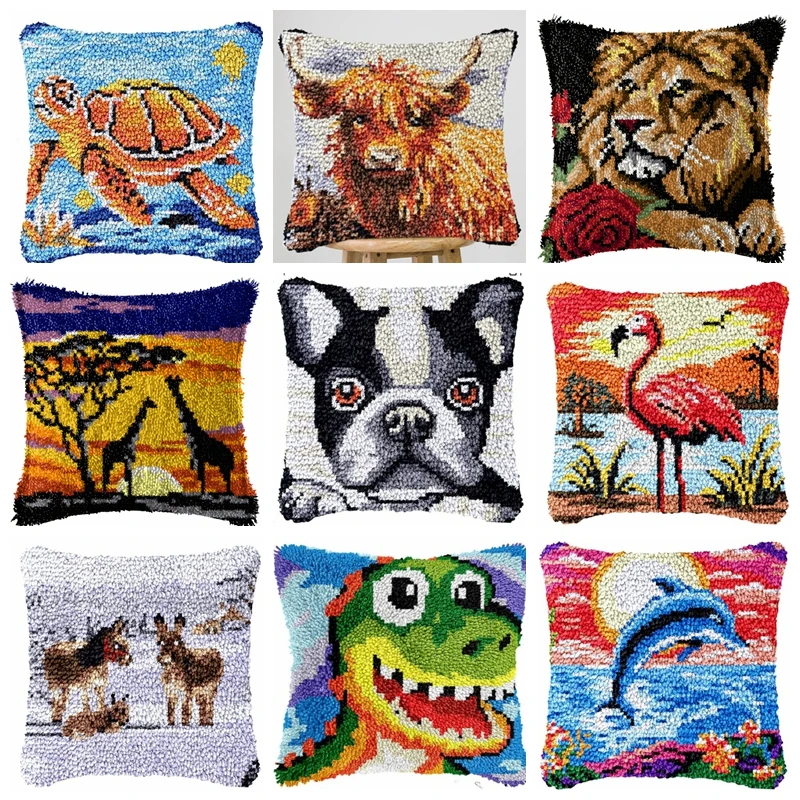 Smyrna Latch Hook Carpet Kit  Animal Embroidery Canvas with Dog Lion Dolphin Design DIY Pillow Buttons Craft Kits for Adults Kid