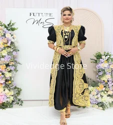 Customized  Traditional Caftan Mariee Black Women's Party Evening Short Sleeve Gold Lace Applique Gowns Prom Dresses