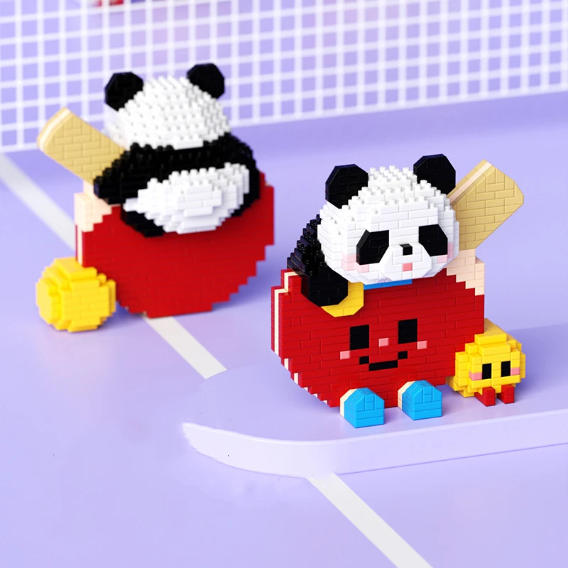 Blocos de construção de raquete de tênis de mesa campeão de panda fofo, ornamentos periféricos, brinquedos educativos infantis, presentes de natal