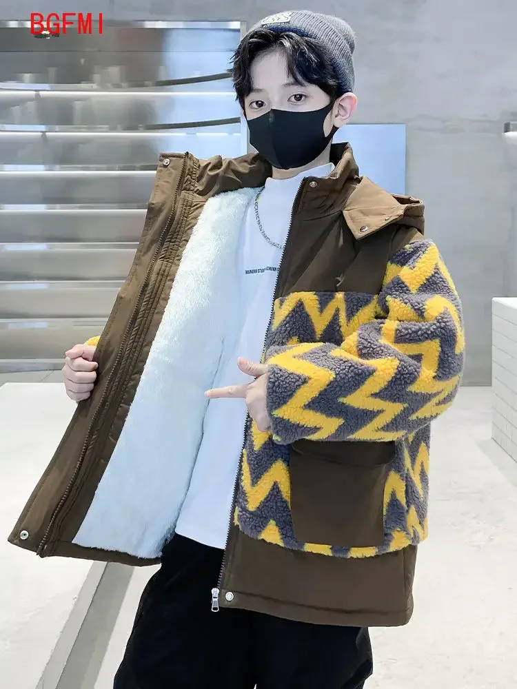 Childrens Clothing Boys Fleece Jacket Autumn Winter 2026 New Boys Thick Patchwork Parka Jacket Baby Winter Trendy Style Kids Top