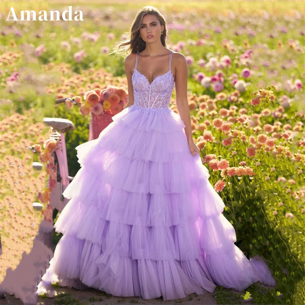 Amanda Lavender Heart Shaped Neck A-line Evening Dress Pleated Tulle Party Dress 2024 Spaghetti Strap فساتين مناسبة رسمية