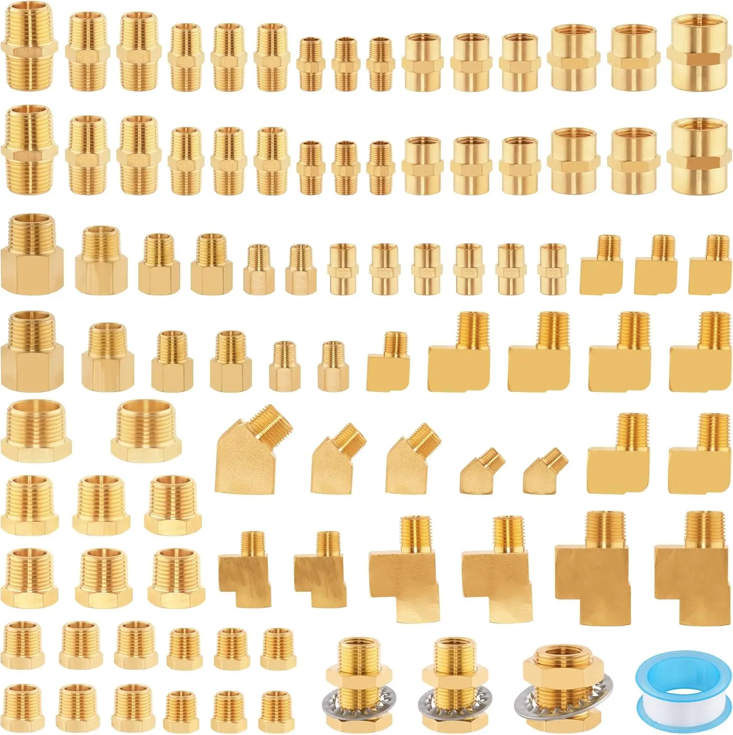 

92PCS Brass Pipe Fittings Assortment Kit - NPT Adapter, Hex Nipple, Reducer Bushing, Coupling, Street Elbow, Tee, Bulk Head