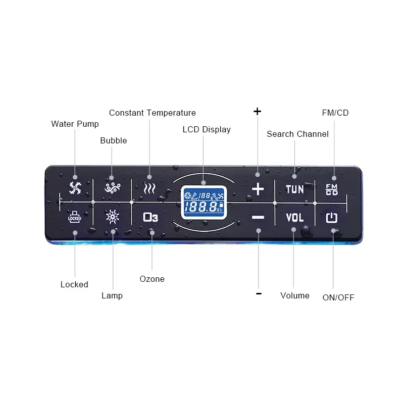 Intelligent modern bathtub control panel with constant temperature heating, waterproof LED light, rectangular freestanding
