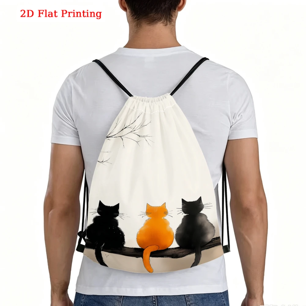 Cat Pattern Drawstring Backpack 2D Flat Print Three Cats Sitting on Branch Gym Sports Bag Outdoor Travel