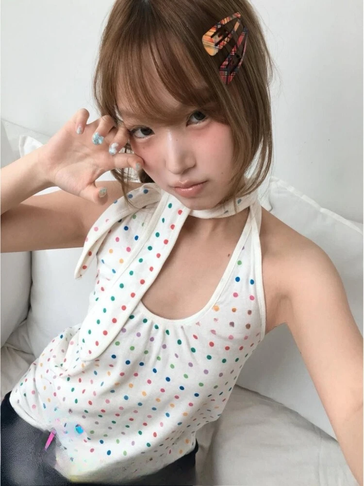 

Japanese Y2k Color Wave Point Vest for Women Sexy V-neck Halter Lace Up Camisole Top 2025 Summer New Sleevless Tops Mujer