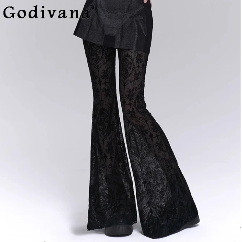 Gothic Subculture Black Sexy Sweet Lace Micro Flared Pants Fashion Versatile High Waist Personality Girls Street Punk Pants