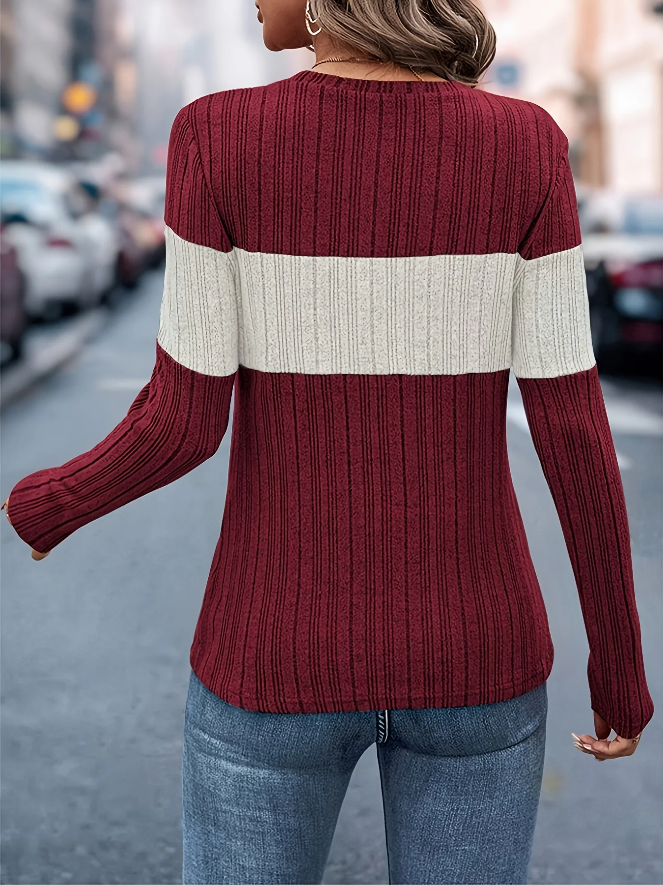 Casual Fitted Three-Tone Rib-Knit Sweater Top S99661f32253d4af780d7483f65ce14f1J