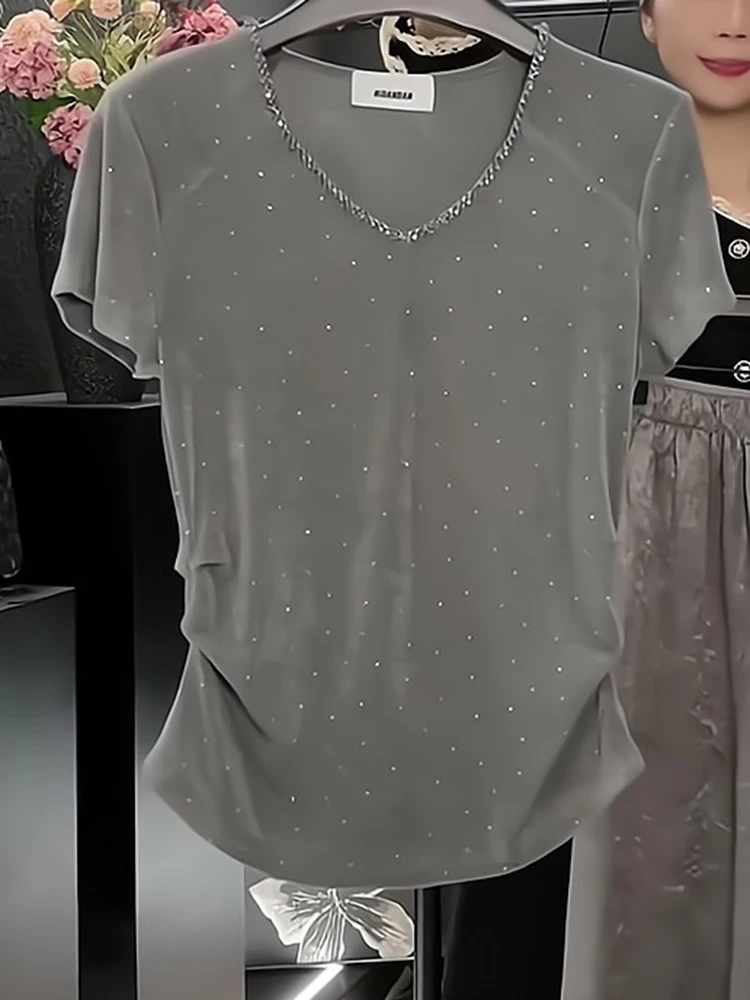 

Летняя женская футболка с V-образным вырезом и коротким рукавом, с вставками на плечах, приталенная, в корейском стиле, для повседневной носки