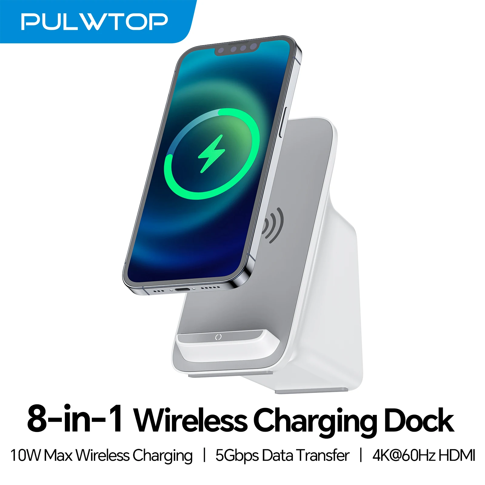 

PULWTOP USB C Docking Station with HDMI 4K@60Hz, RJ45, 100W PD, 10W Max Wireless Charging Pad, USB A/C For MacBook/IPad/Laptop