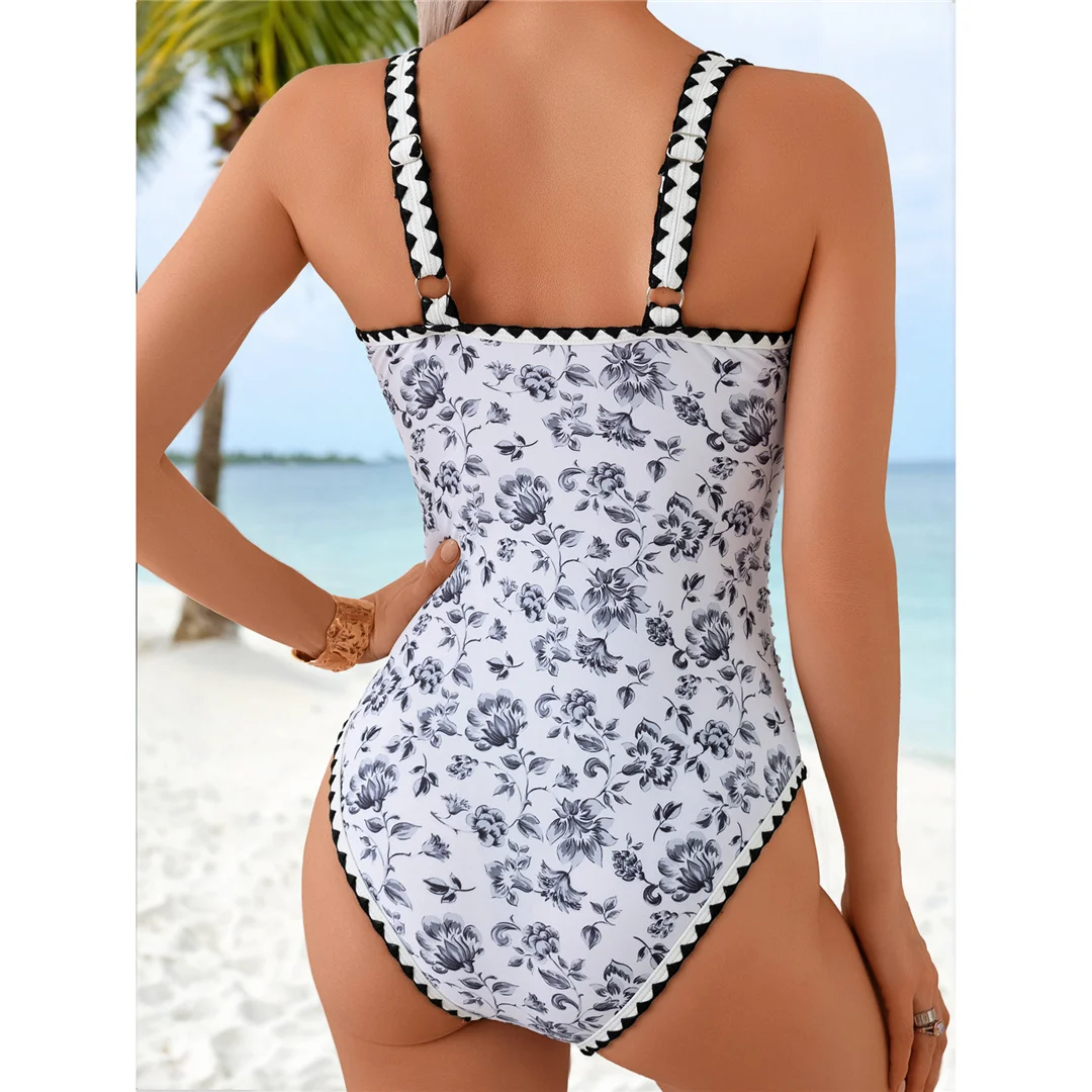 S - XL Sexy, mit Blumenmuster bedruckter Damen-Badeanzug, einteiliger Badeanzug für Damen, mit hohem Beinausschnitt, gepolstert, Badeanzug, Badebekleidung, Modell V6904. – Detail 4