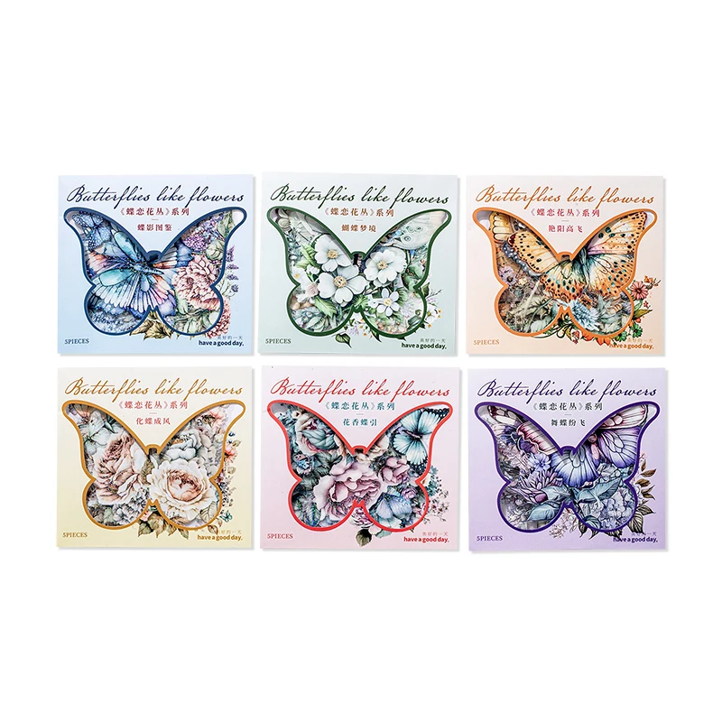 Borboleta Amor Flores Série Adesivo, Decoração Criativa Retro, DIY, PET, 6 Pacotes por Lote