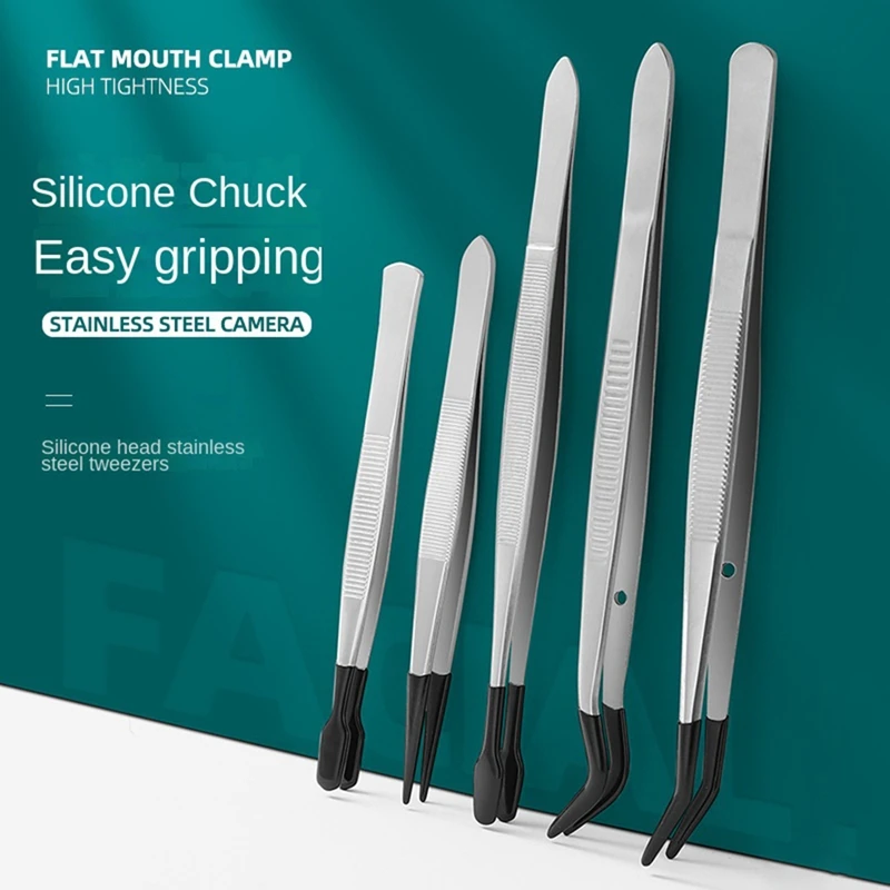 Ensemble de pinces à épiler avec embouts en caoutchouc, pincettes enduites de PVC, pointe droite en caoutchouc, pointe plate, longue pince à épiler courbée, 5 pièces